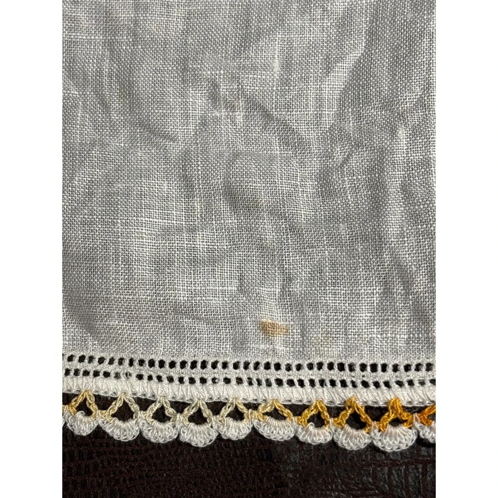 VTG Victorian Handkerchief Crochet Trim White Yellow/Orange 11.5